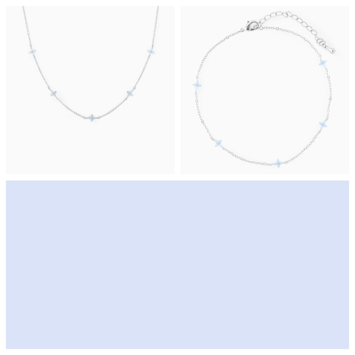 Dainty Flower Station Necklace, Gold or Silver Tone – Silver Blue Flower Set