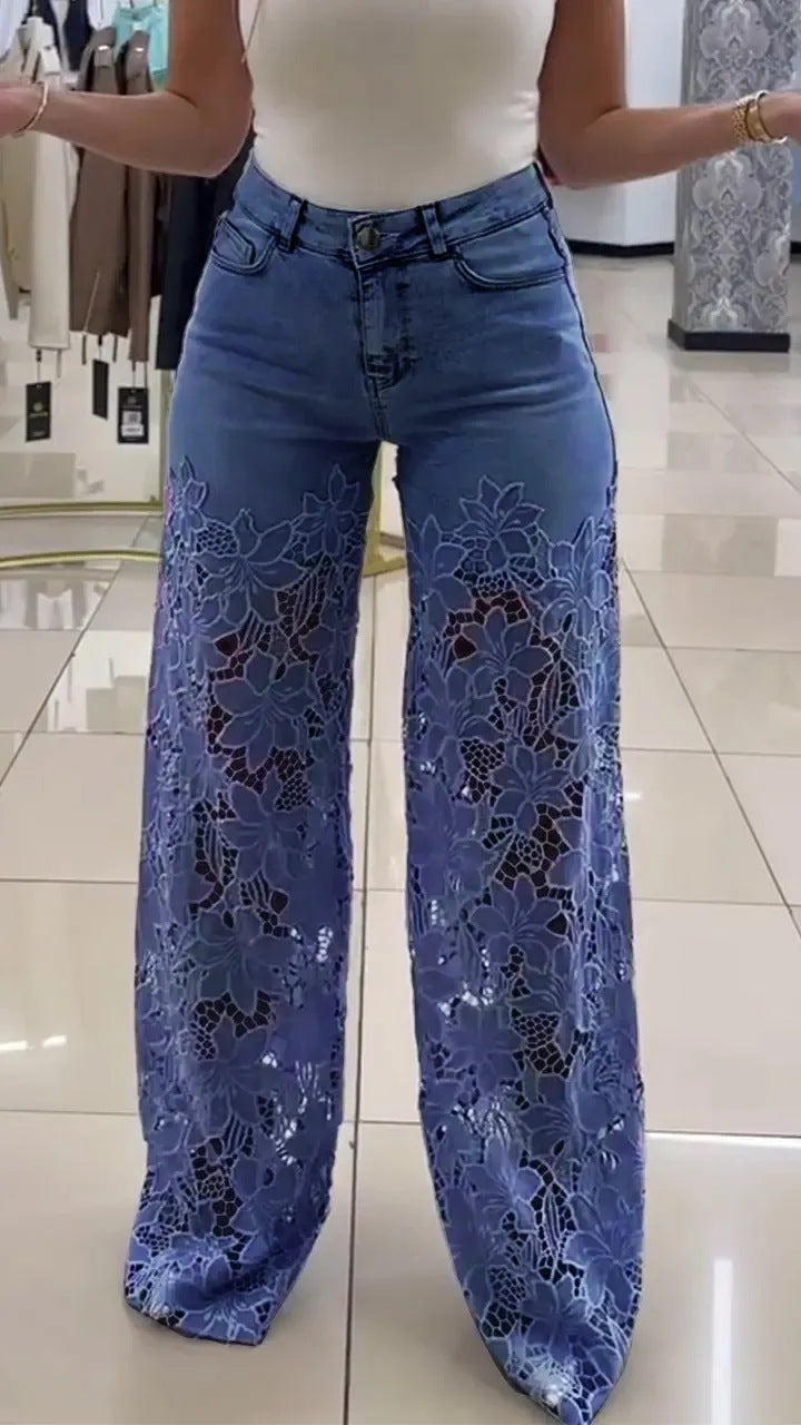 Women's Lace Cut-Out High-Waist Wide-Leg Jeans (photo 9)