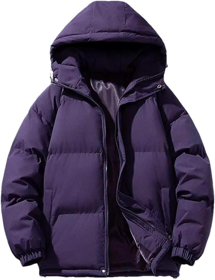 Dark purple hooded puffer parka, front view
