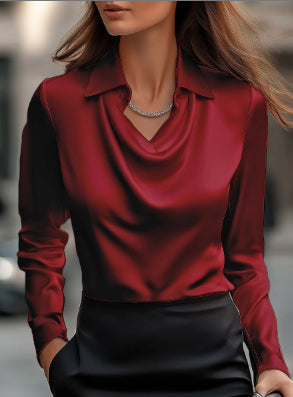 Women's Draped-Collar Satin Long-Sleeve Blouse (photo 17)