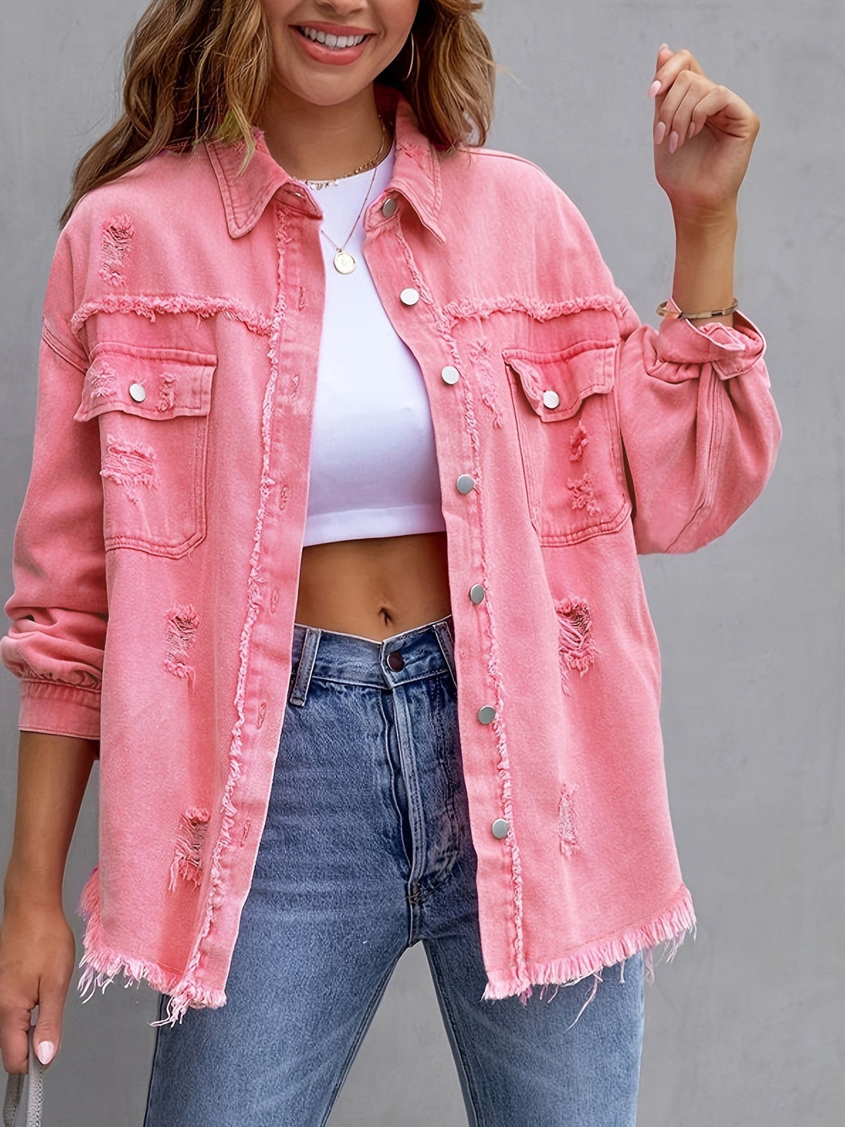 Women's Loose Distressed Shirt Jacket (photo 18)
