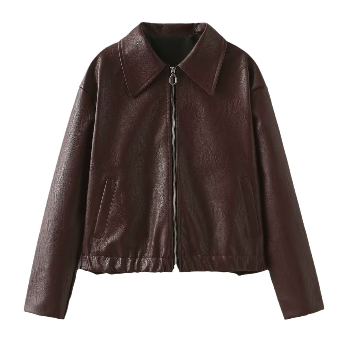 Women's Faux Leather Lapel Zip Jacket (photo 10)