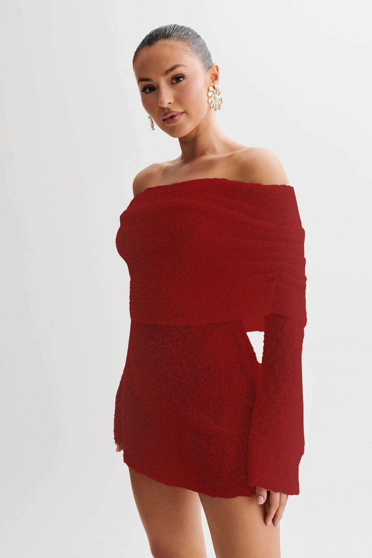 Women's Off-Shoulder Fuzzy Knit Mini Dress (photo 8)