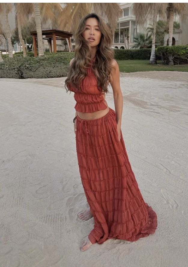 Women's Halter Crop Top and Pleated Maxi Skirt Set (photo 20)
