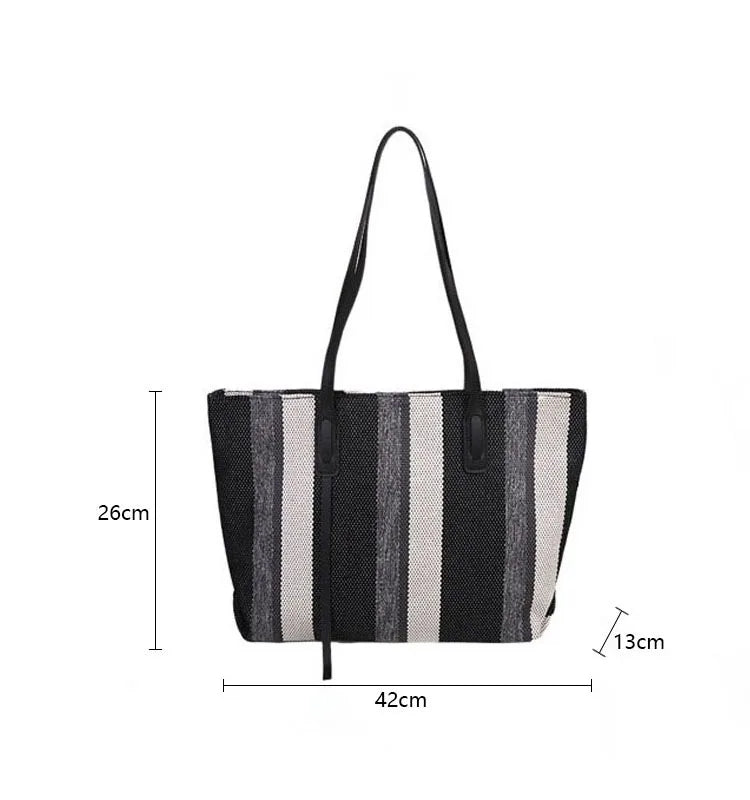 Size chart of the black striped canvas tote: 42 cm wide, 26 cm high, 13 cm deep