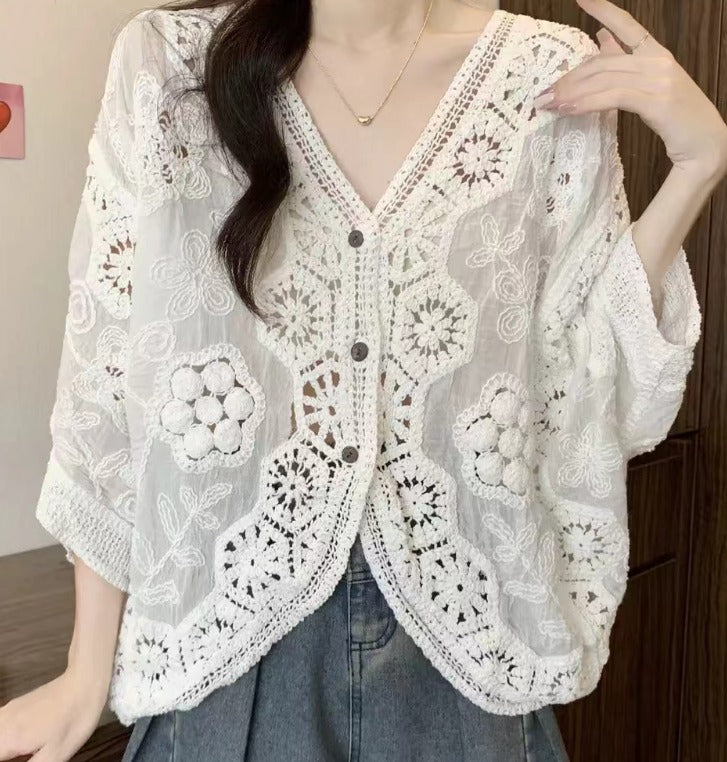 White crochet lace button-front cardigan with floral motifs and a V-neckline, front view
