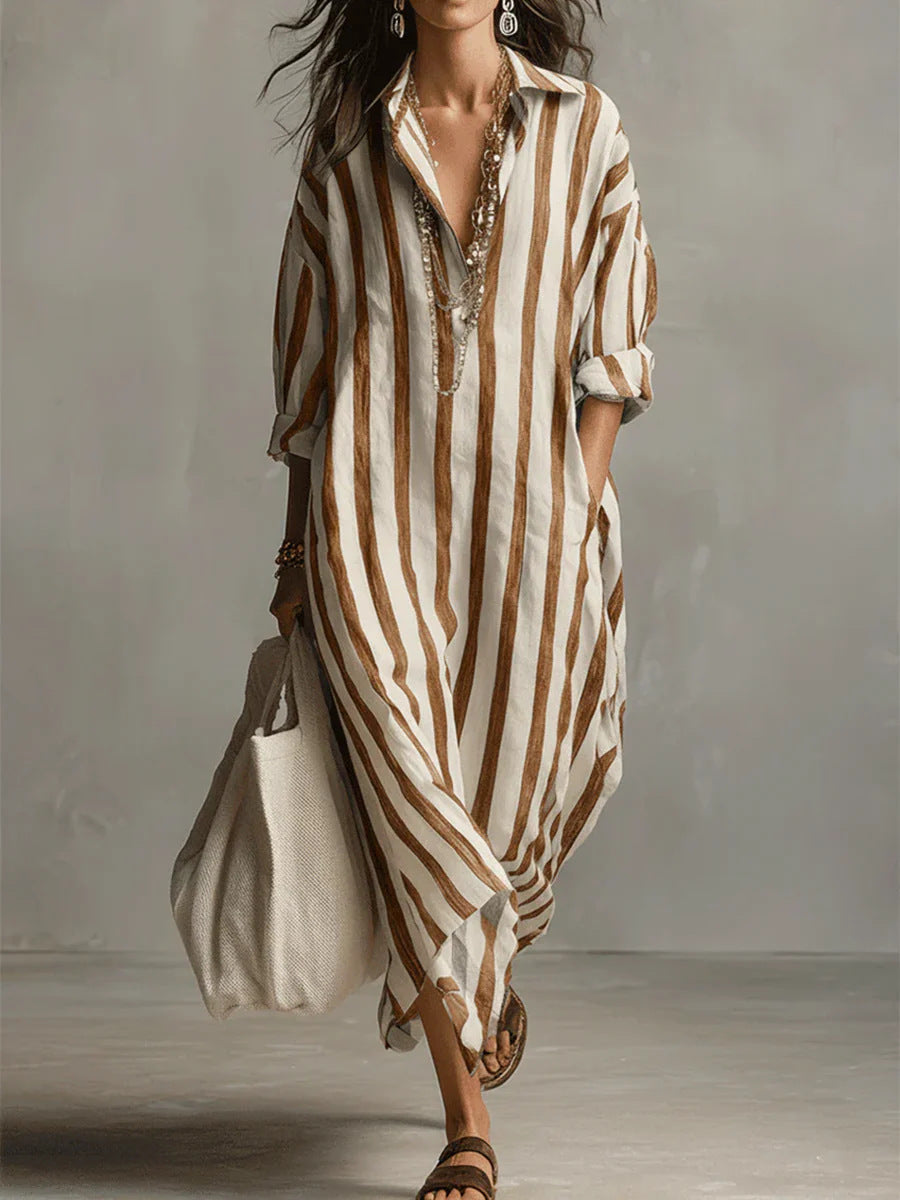 Women's Striped Split-Collar Long Shirt Dress (photo 11)
