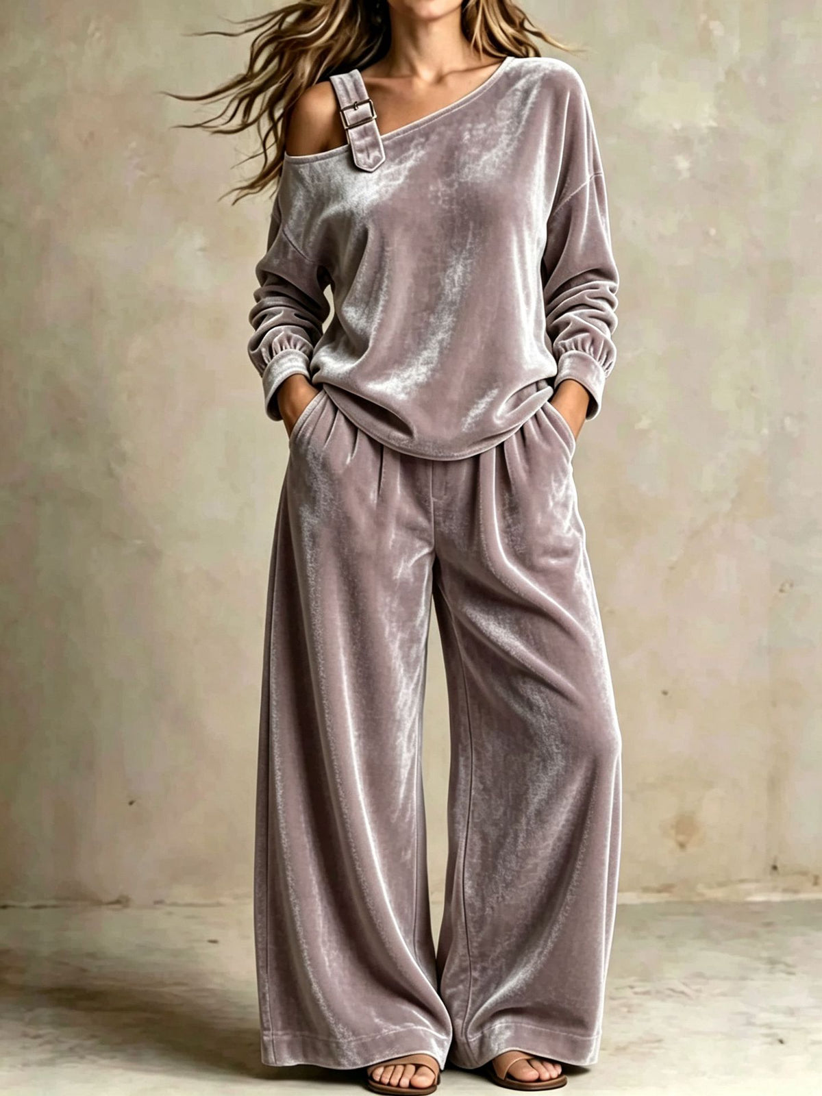 Women's Off-Shoulder Velvet Two-Piece Set with Pants (photo 12)