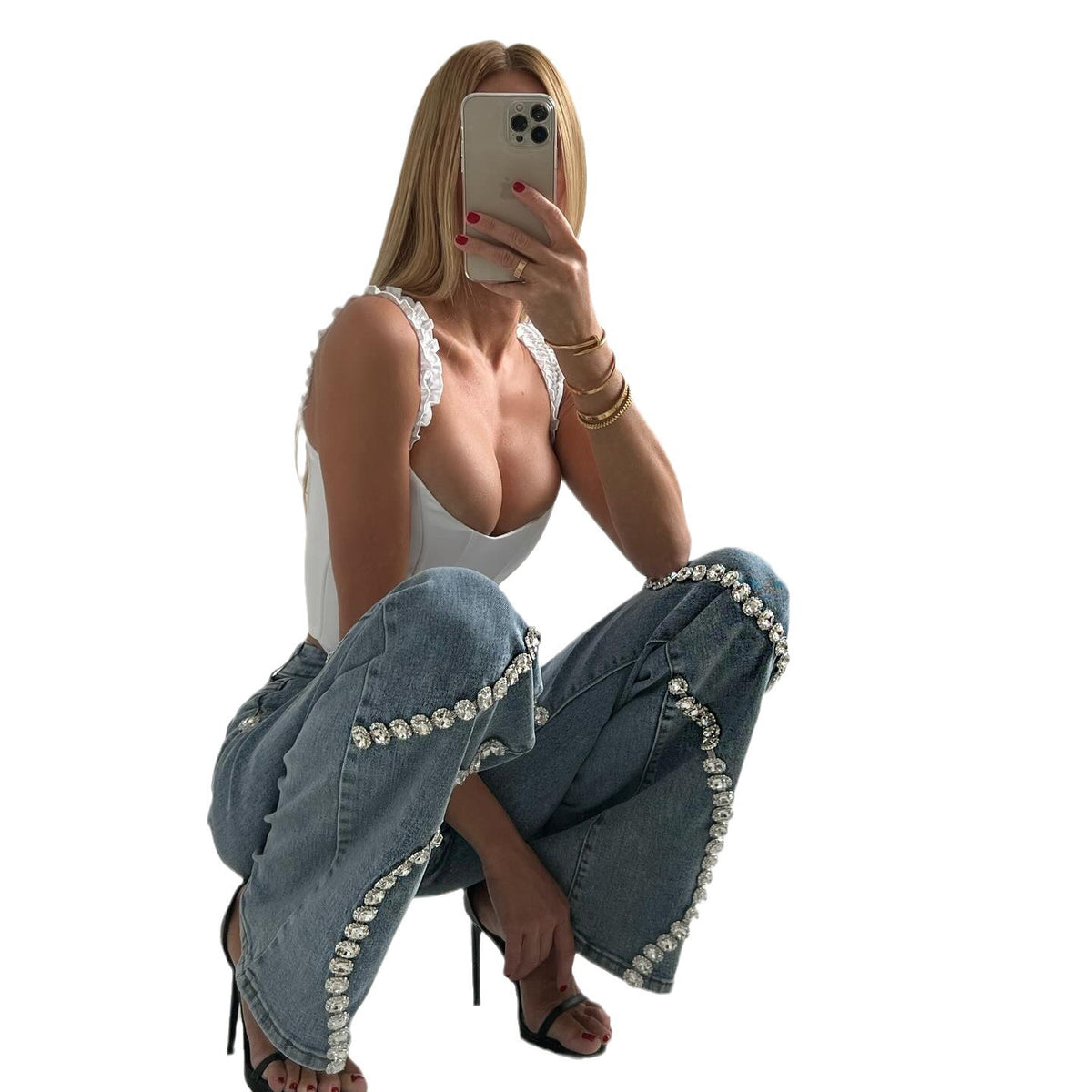 Women's Loose Straight-Leg Rhinestone Jeans (photo 6)