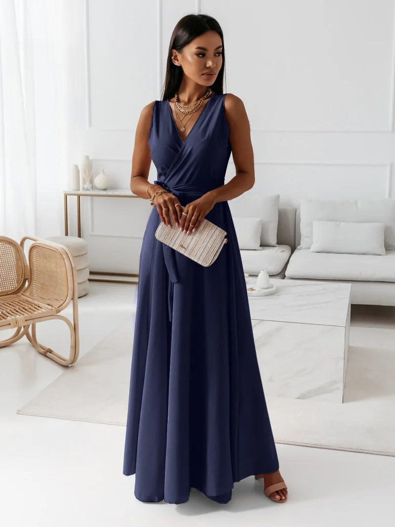 Women's V-Neck Sleeveless Maxi Dress with Belt (photo 10)
