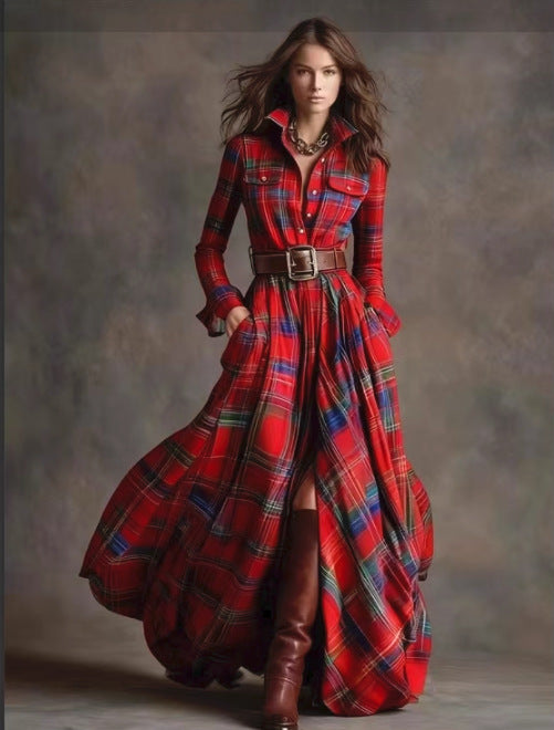 Women's Plaid Long-Sleeve Shirt Dress with Pockets (photo 24)