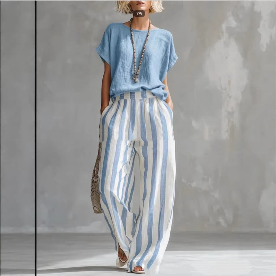 Women's Short-Sleeve T-Shirt and Striped Wide Pants Set (photo 9)