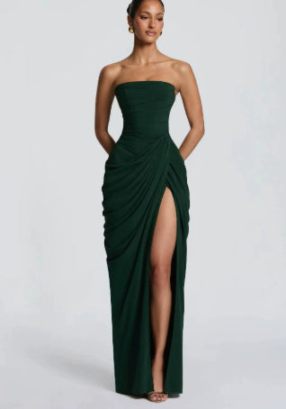 Women's Strapless Pleated Maxi Dress with Slit (photo 11)