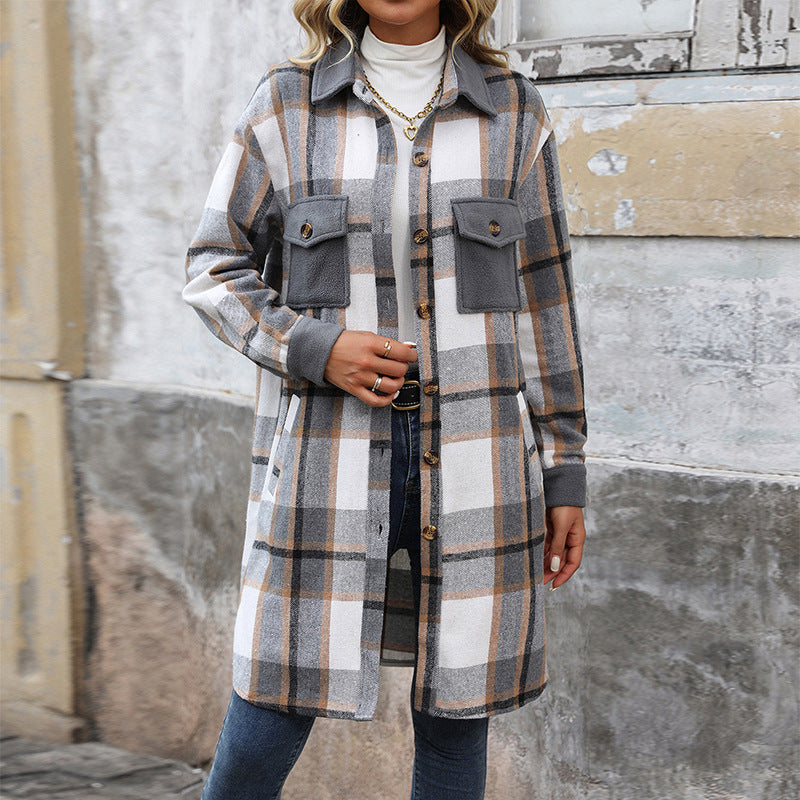 Women's Brushed Plaid Long Coat with Pockets (photo 4)