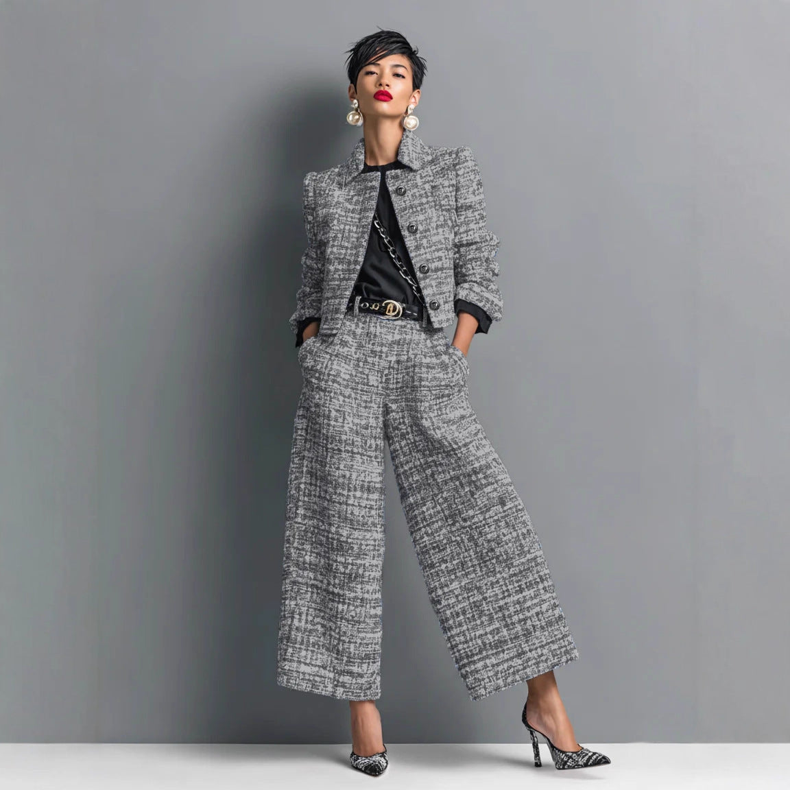 Women's Plaid Cropped Blazer and Wide-Leg Pants Set (photo 6)