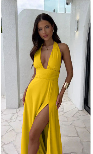 Women's Halter V-Neck Backless Maxi Dress with Slit (photo 13)