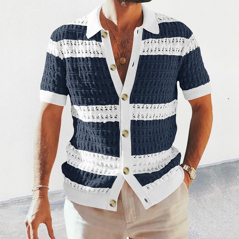 Men's Knit Polo Cardigan Shirt with Cut-Out Pattern (photo 7)