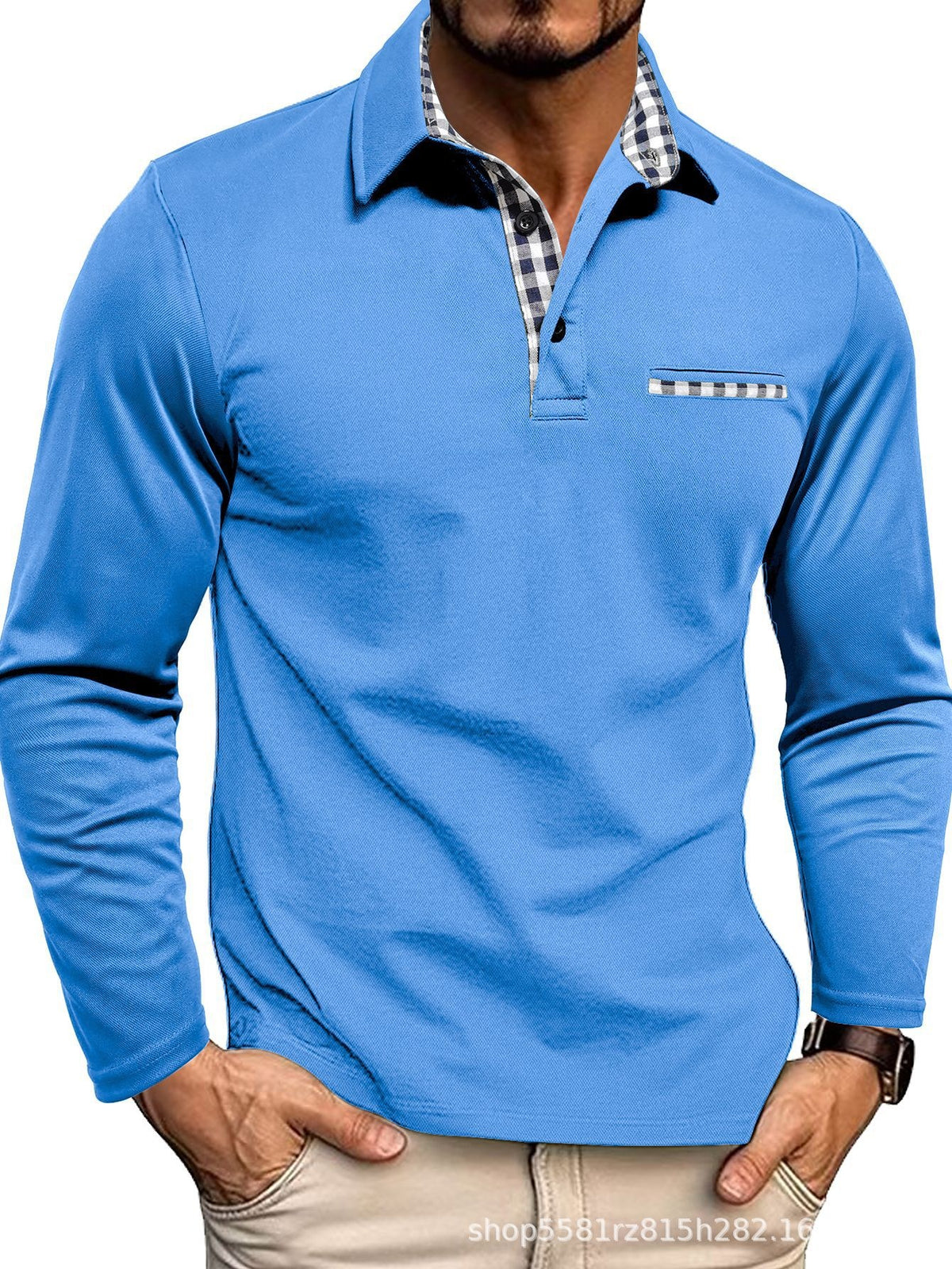 Men's Plaid-Panel Lapel Long-Sleeve Polo Shirt (photo 14)