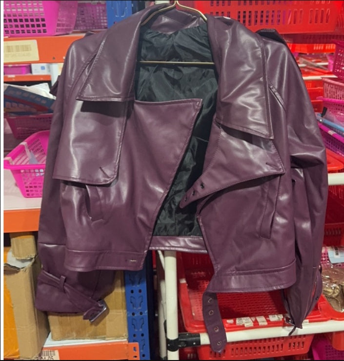 Women's Loose Lapel PU Leather Cropped Jacket (photo 7)
