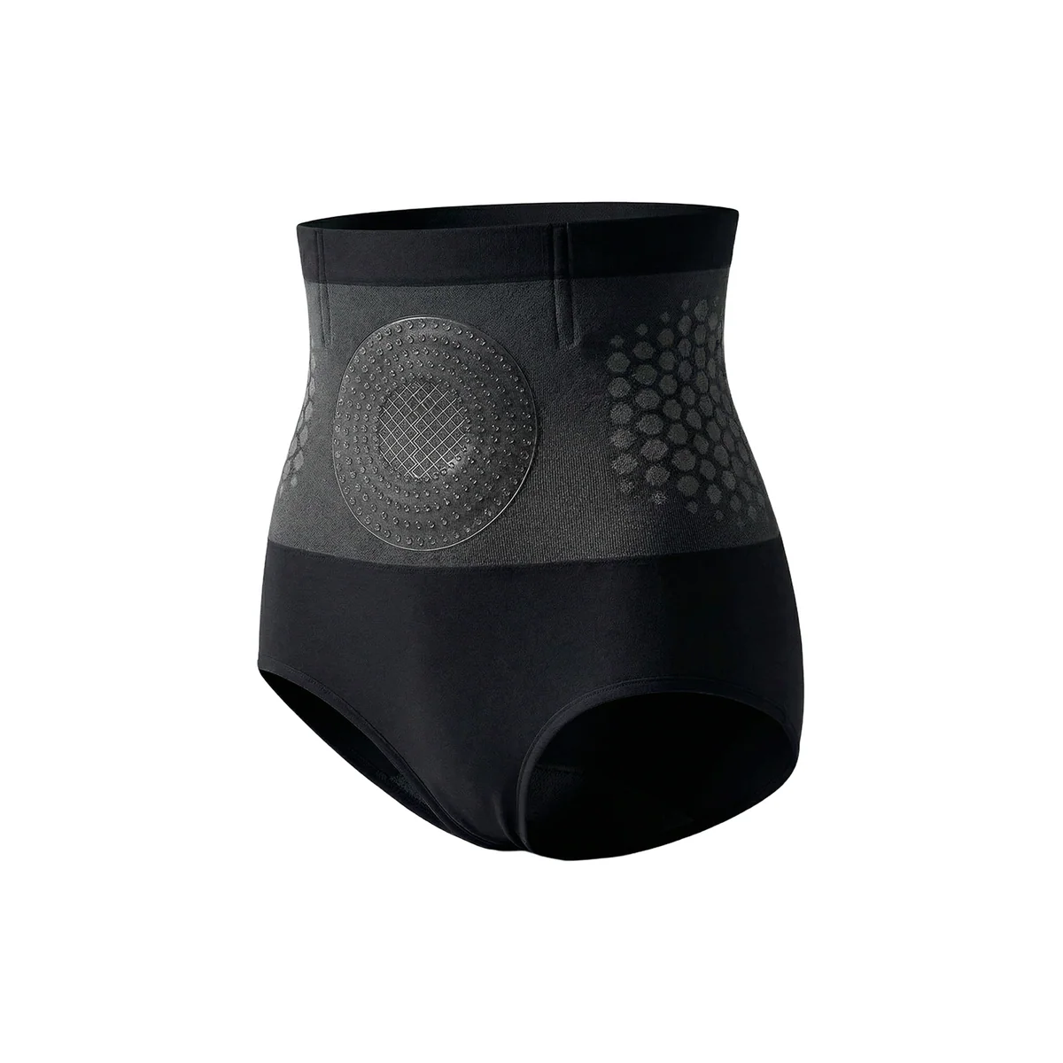 Black high-waisted compression briefs with a patterned tummy-control panel