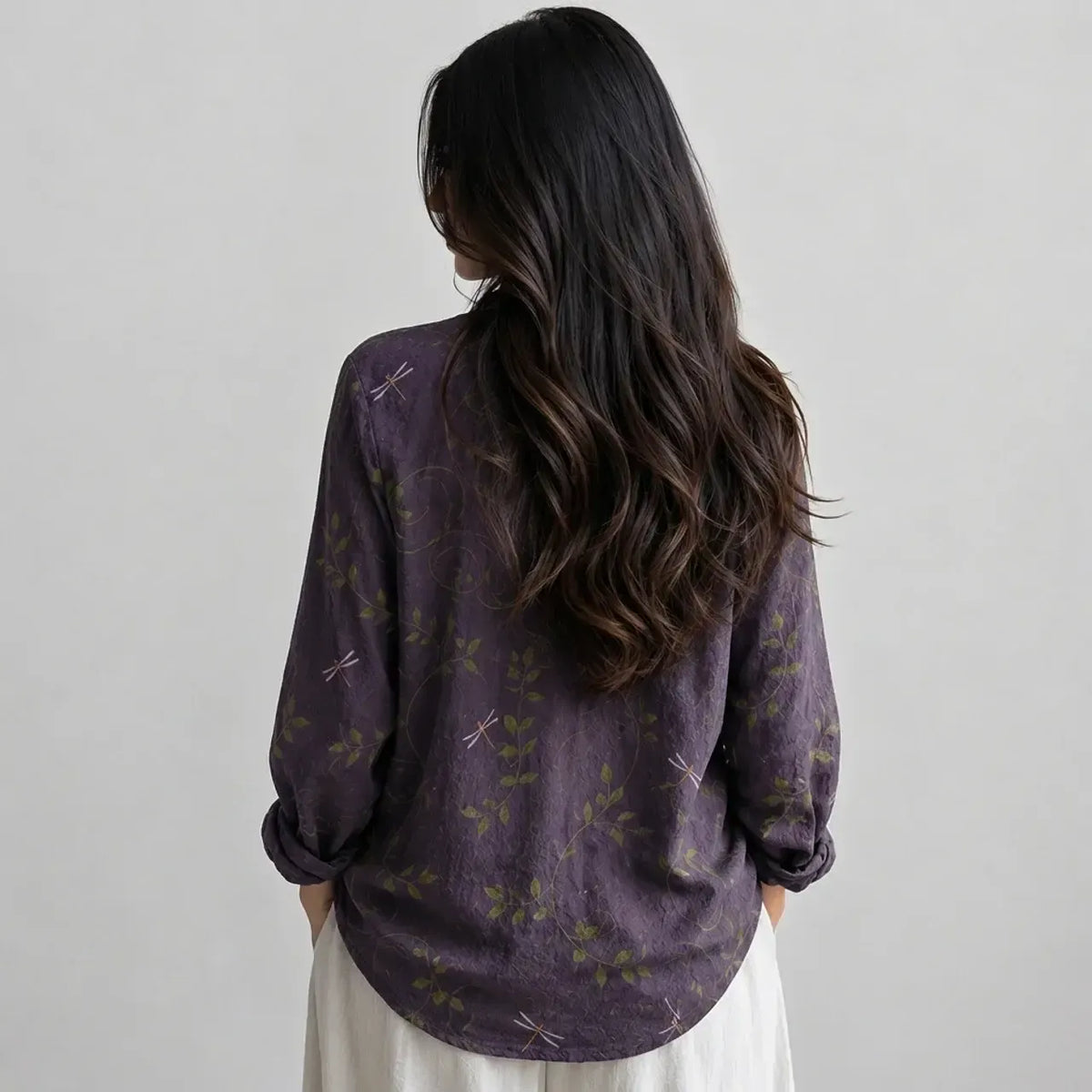 Back view of the dark purple boho blouse with long sleeves
