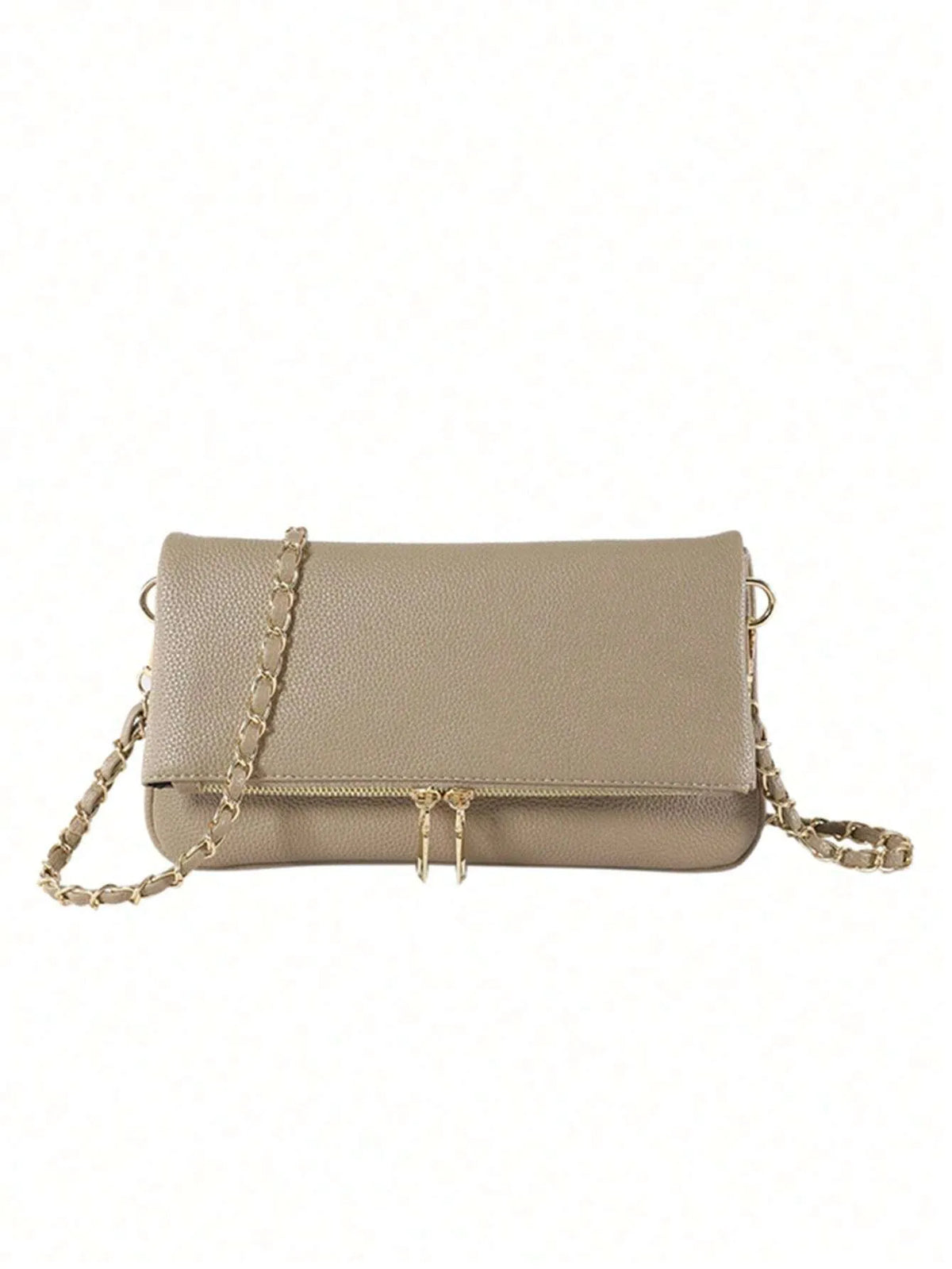 Taupe fold-over bag with a gold chain strap and zipper pull on a white background