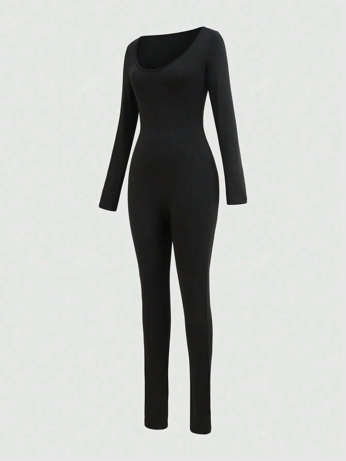 Black long-sleeve fitted jumpsuit with a scoop neckline, angled front view