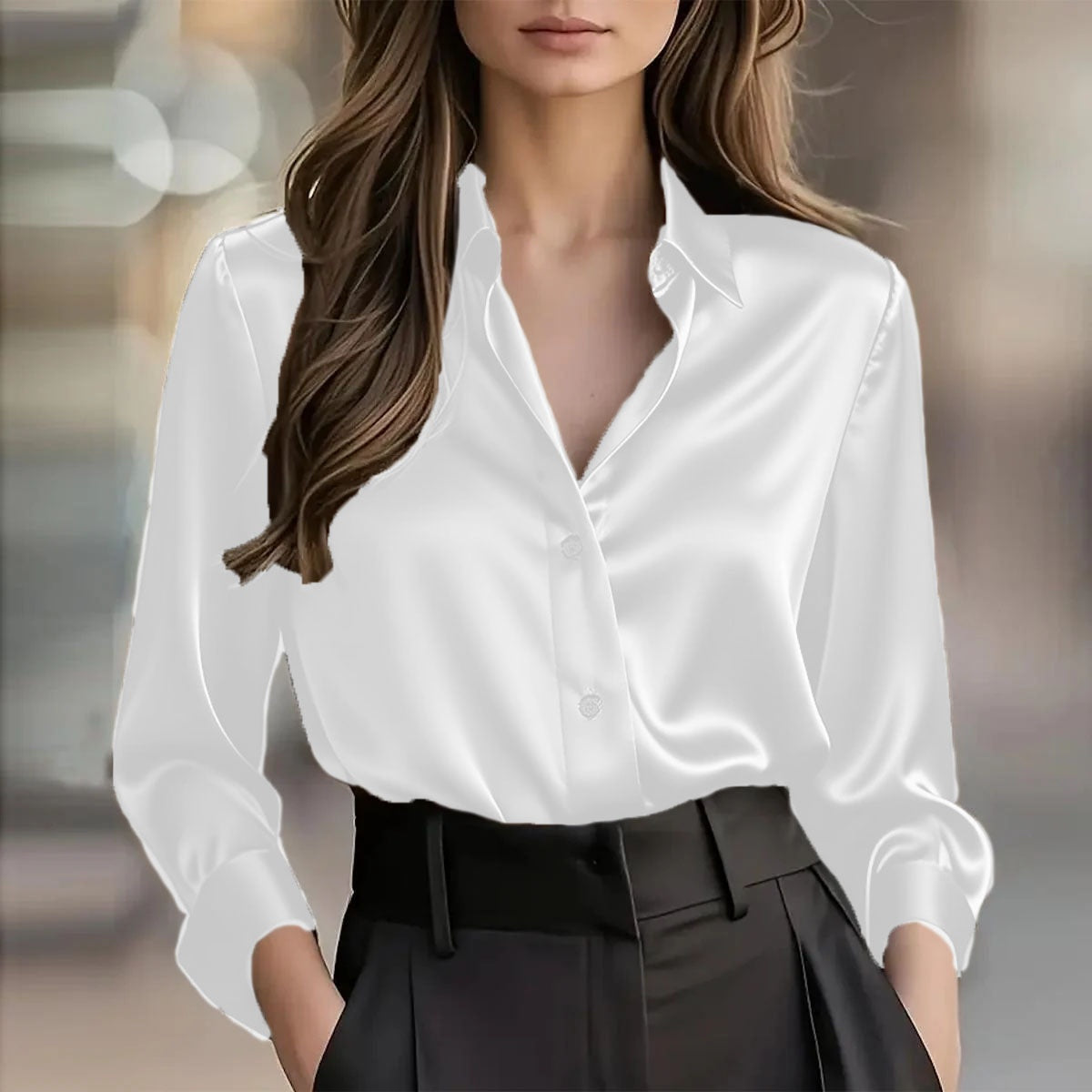 Women's Satin Button-Up Long-Sleeve Blouse (photo 14)