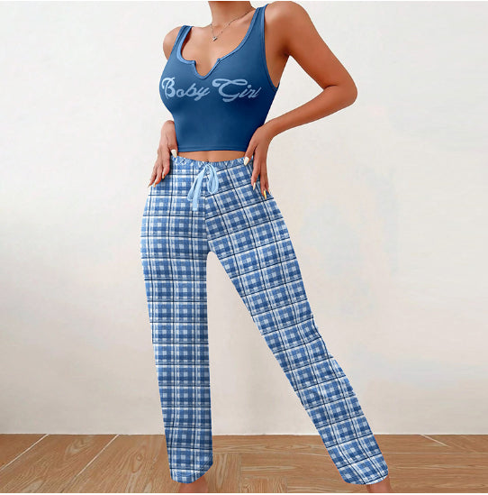 Women's Sleeveless Pajama Set with Plaid Pants (photo 10)