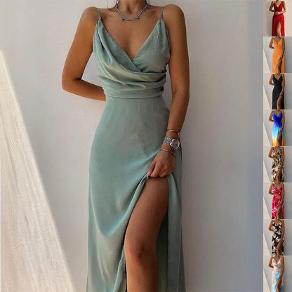 Women's V-Neck Strappy Midi Dress with Slit