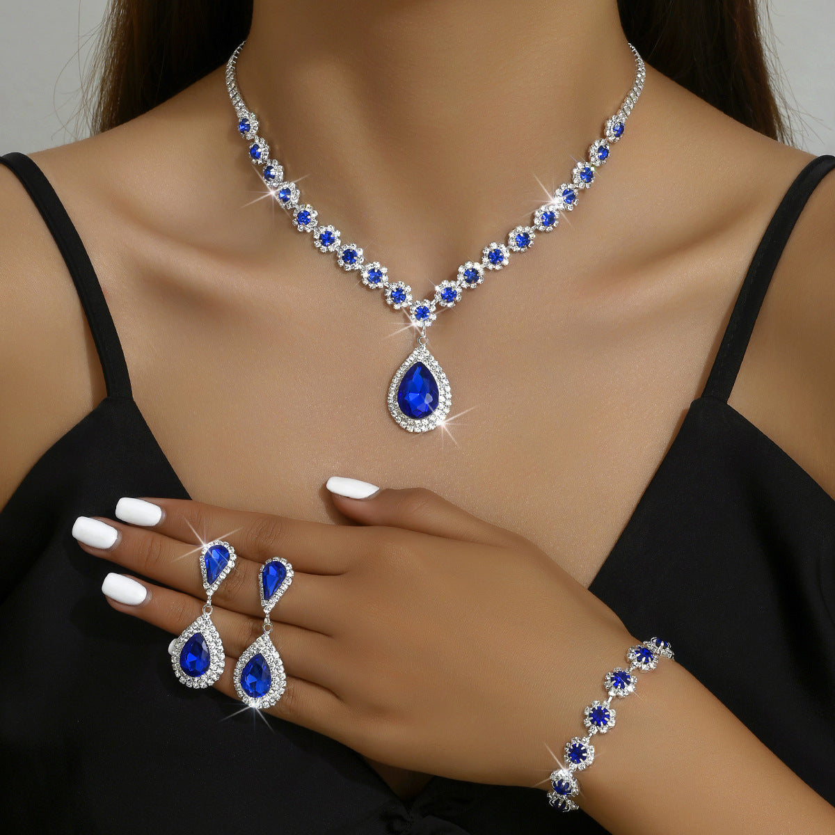 Rhinestone Necklace, Earrings and Bracelet Jewelry Set