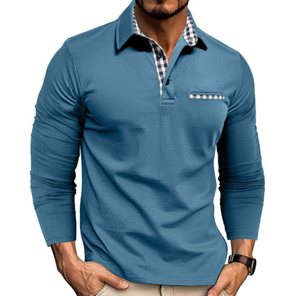 Men's Plaid-Panel Lapel Long-Sleeve Polo Shirt (photo 6)