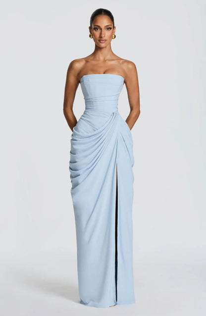 Women's Strapless Pleated Maxi Dress with Slit (photo 5)