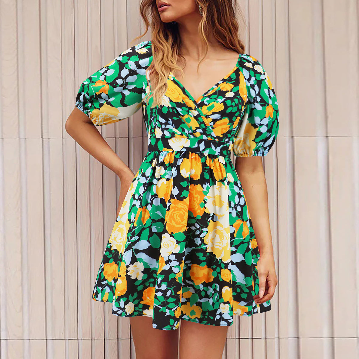 Women's Floral V-Neck Lantern-Sleeve Mini Dress (photo 8)