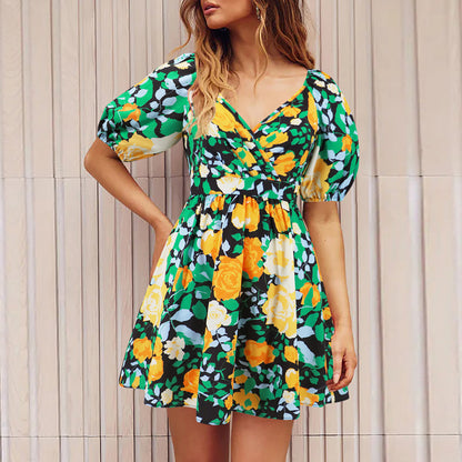 Women's Floral V-Neck Lantern-Sleeve Mini Dress (photo 8)