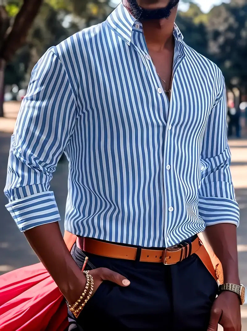 Men's Striped Long-Sleeve Lapel Button Shirt (photo 10)