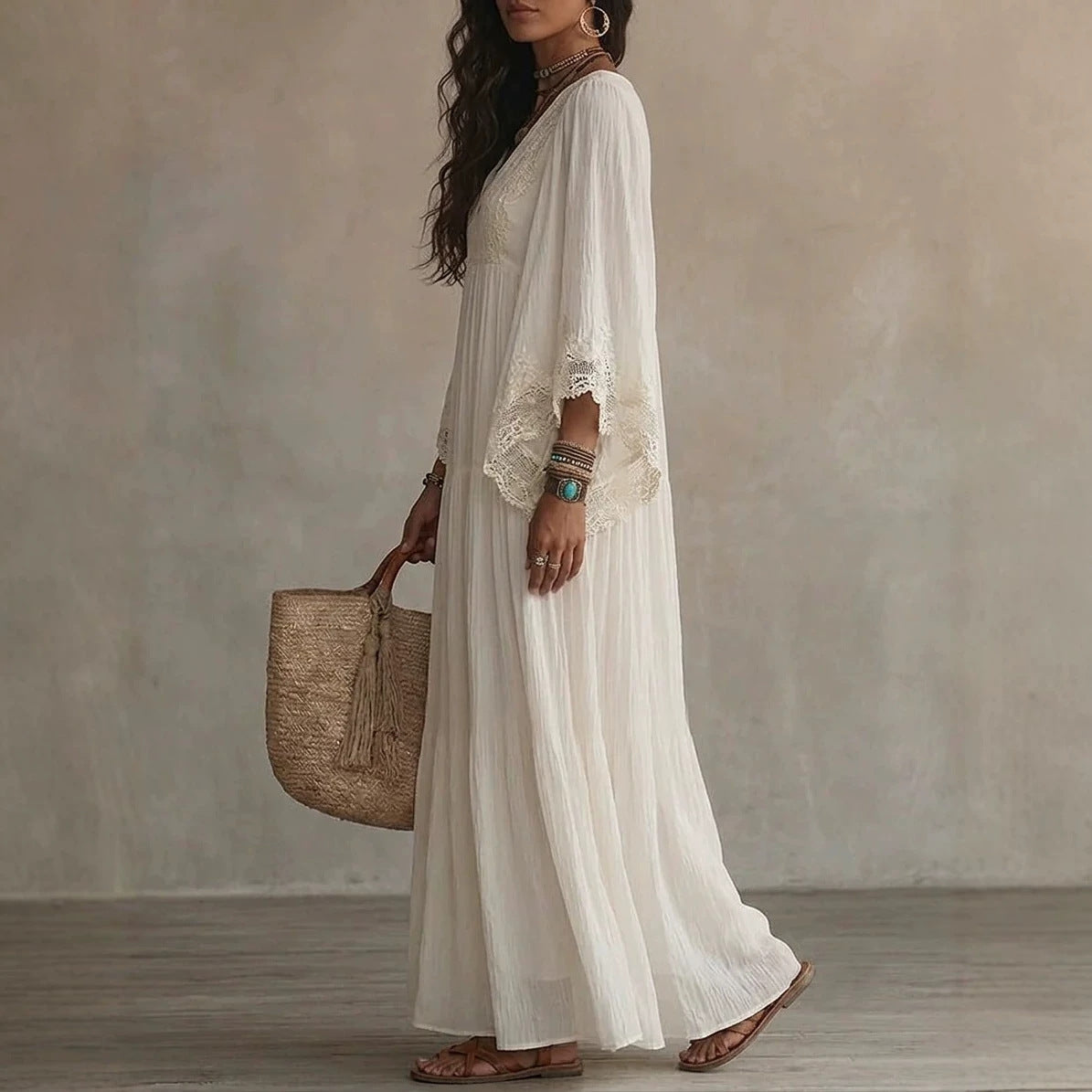 Women's V-Neck Maxi Dress with Lace Trim (photo 5)