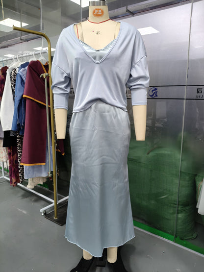 Women's Satin Slip Maxi Dress and Knit Top Two-Piece Set (photo 13)