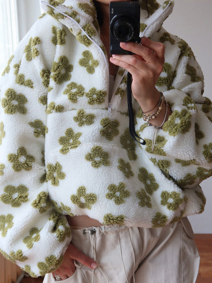 Women's Floral Fleece Zip Lapel Pullover with Big Pocket (photo 12)