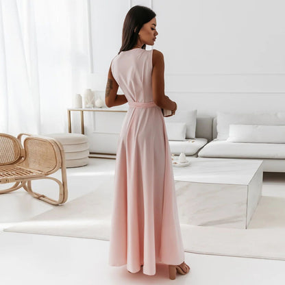 Women's V-Neck Sleeveless Maxi Dress with Belt (photo 3)