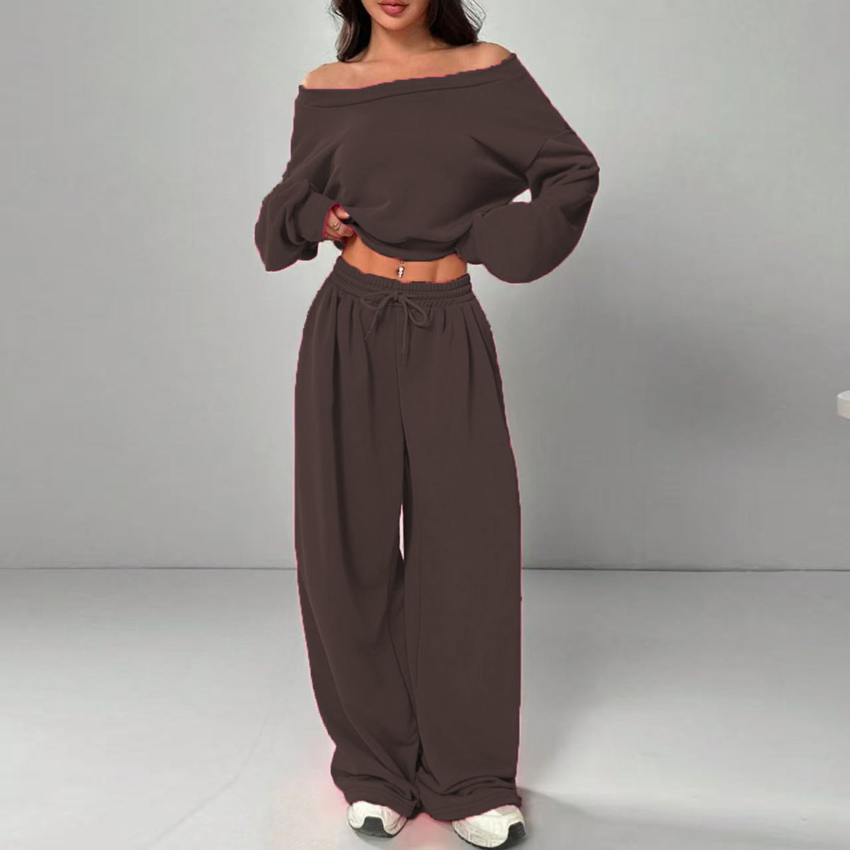 Women's One-Shoulder Sweatshirt and Tie-Waist Trousers Set (photo 14)