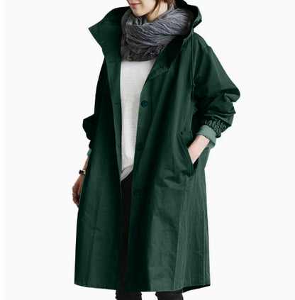 Women's Hooded Long Windbreaker with Buttons (photo 14)