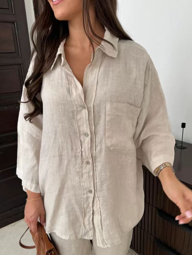 Women's Long-Sleeve Pocket Shirt and Wide-Leg Pants Set (photo 22)