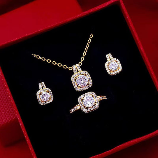 Zircon Pendant Necklace, Stud Earrings and Ring Set