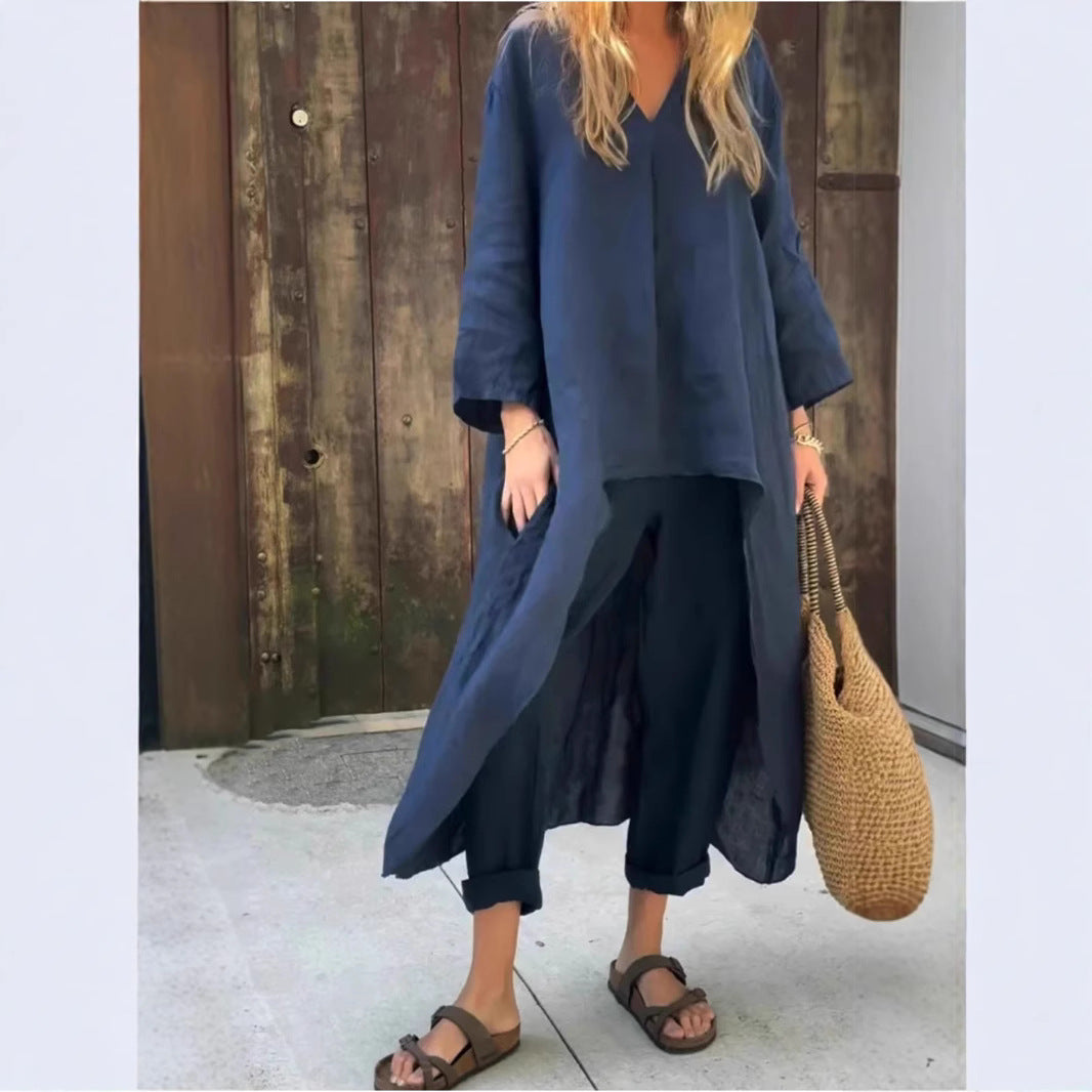 Women's Long V-Neck Top and Wide-Leg Pants Set (photo 12)
