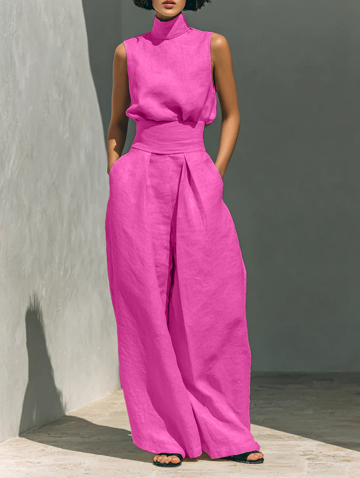 Women's Sleeveless Stand-Collar Top and Wide Pants Set (photo 15)