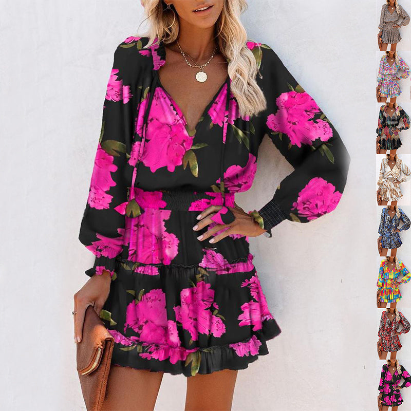 Women's Printed Puff-Sleeve Dress with Tie Waist