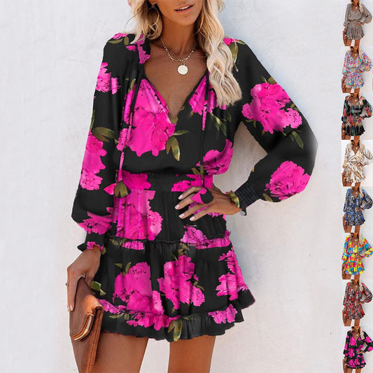Women's Printed Puff-Sleeve Dress with Tie Waist