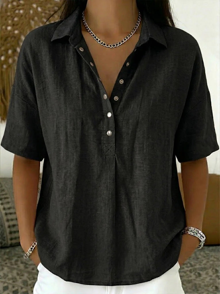 Women's Short-Sleeve Button-Detail Pullover Shirt (photo 10)