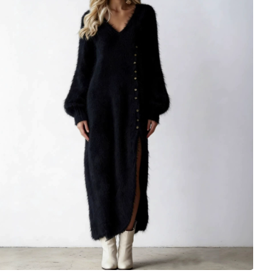 Women's V-Neck Knit Maxi Dress with Buttons and Slit (photo 7)